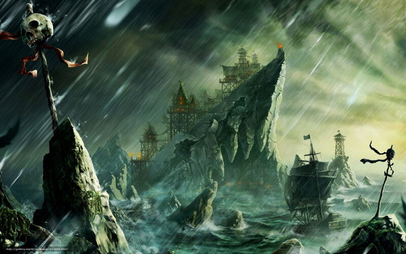 Pirate Ship in Storm — Green, Dramatic
