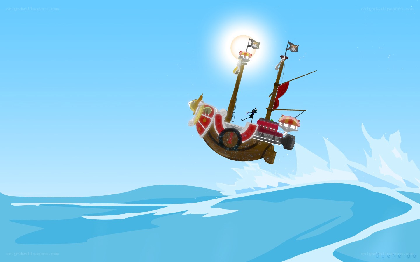 Pirate ship sailing on waves