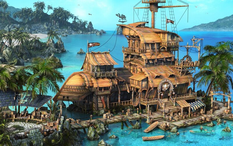 Pirate ship settlement on tropical island