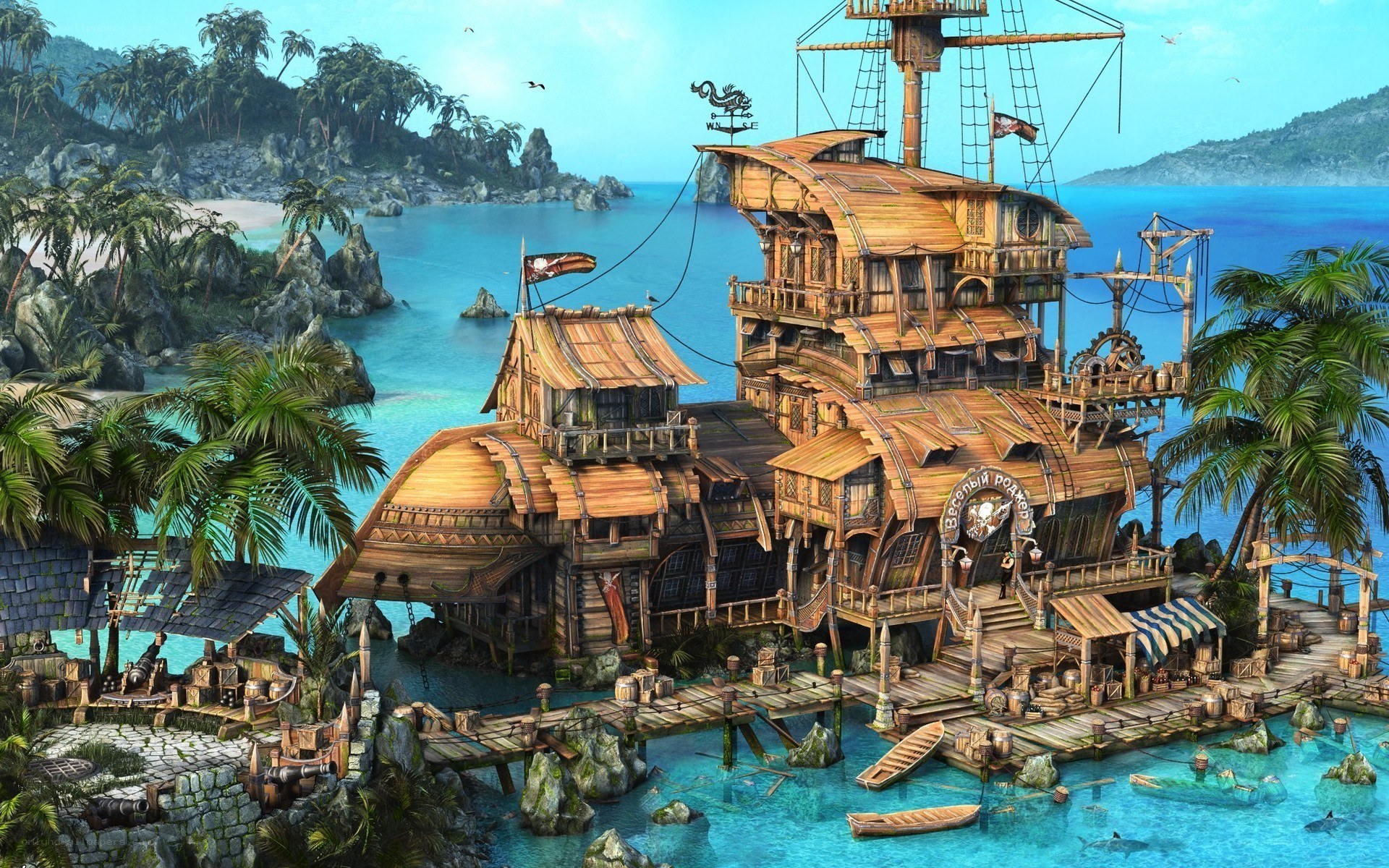 Pirate ship settlement on tropical island