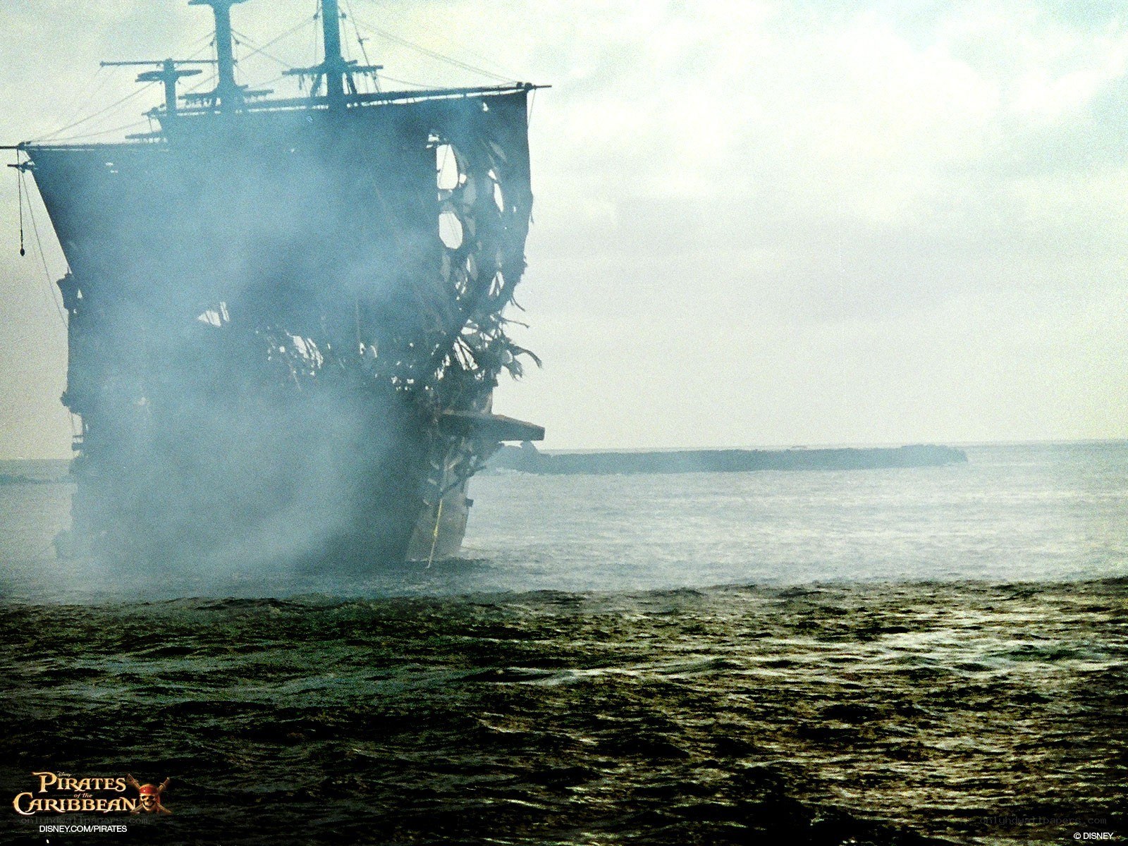 Pirate ship sinking at sea