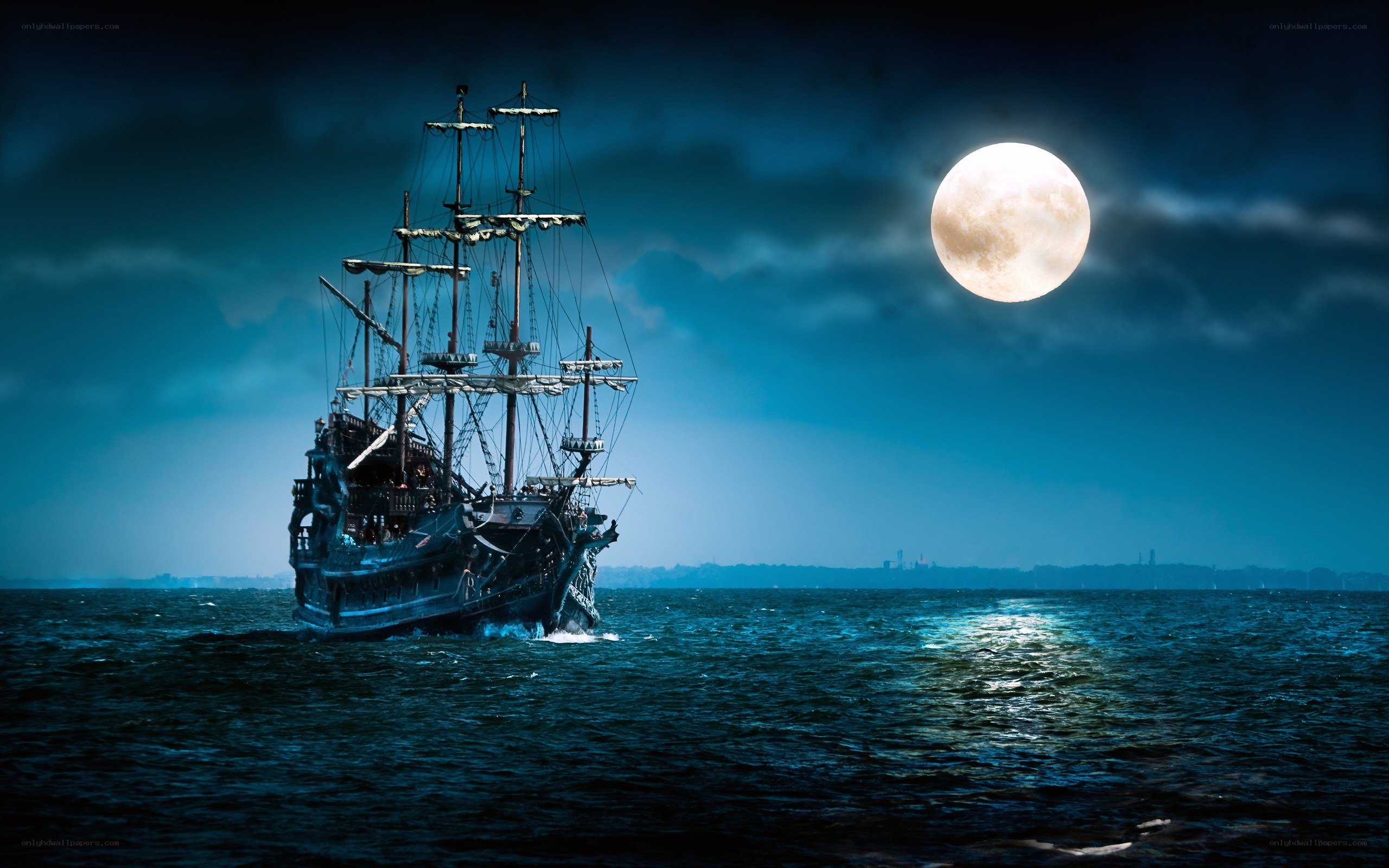pirate ship under full moon