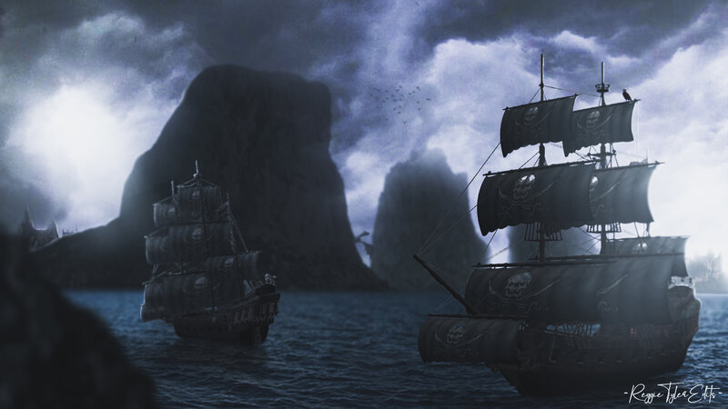 Pirate Ships at Sea — Blue, Dramatic, Night