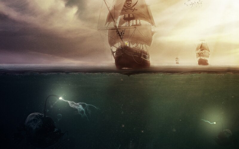 Pirate Ships at Sea — Brown
