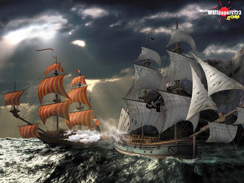 Pirate Ships in Battle — Gray, Dramatic