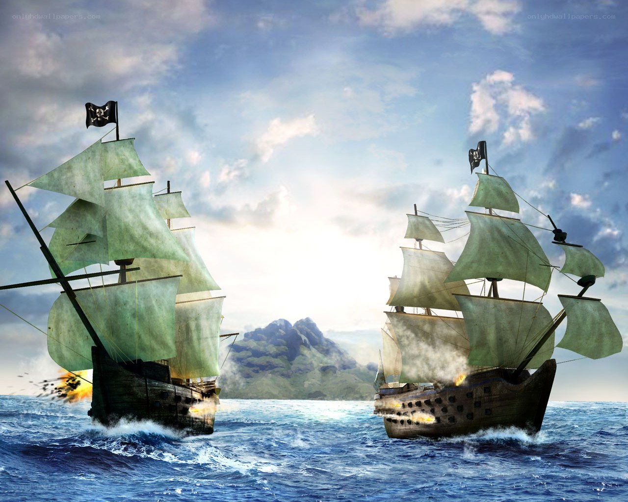 Pirate ships in battle