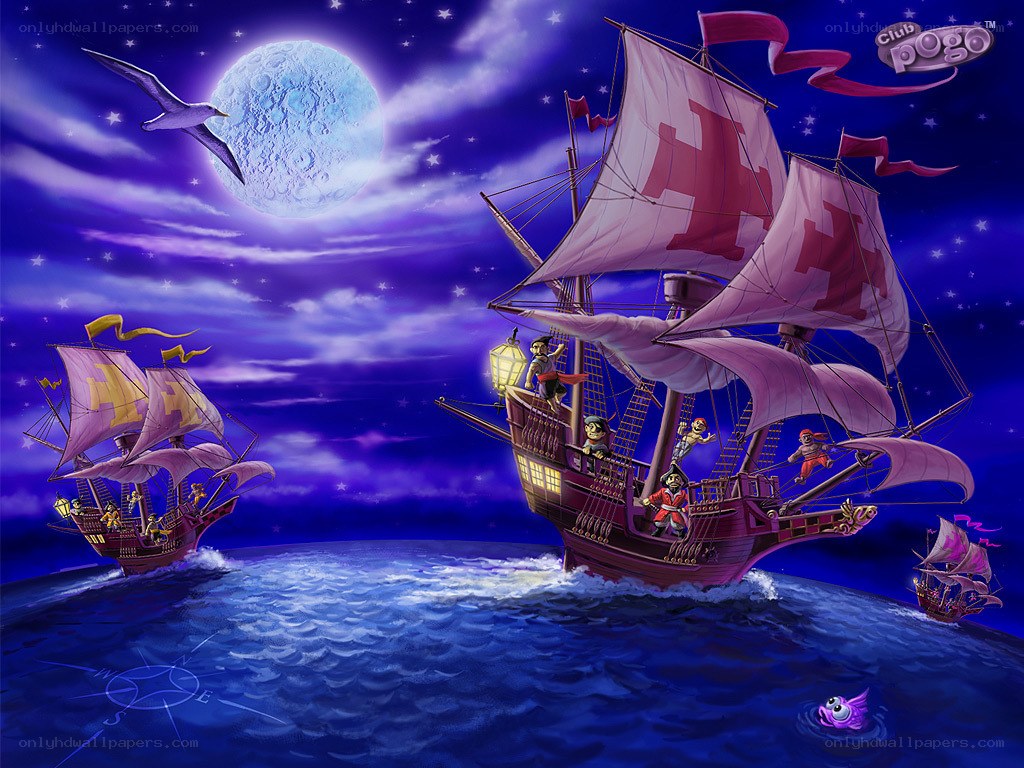 Pirate ships under a full moon