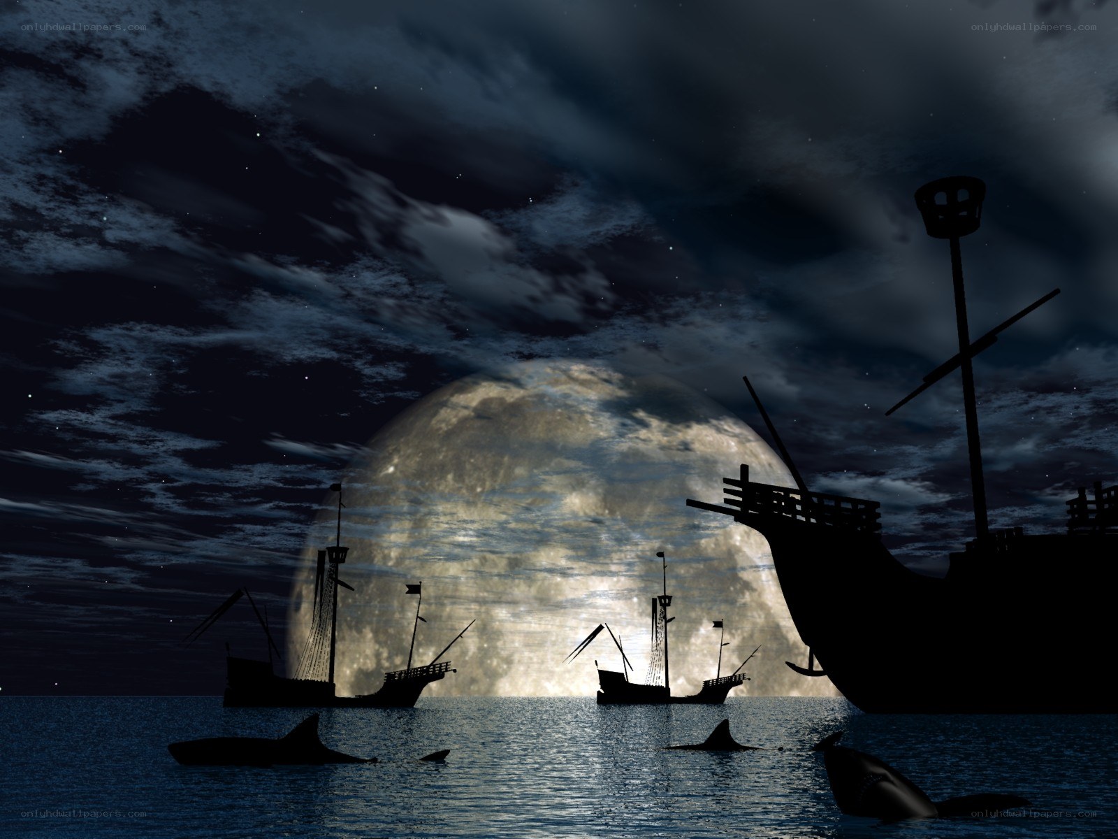 Pirate ships under a full moon