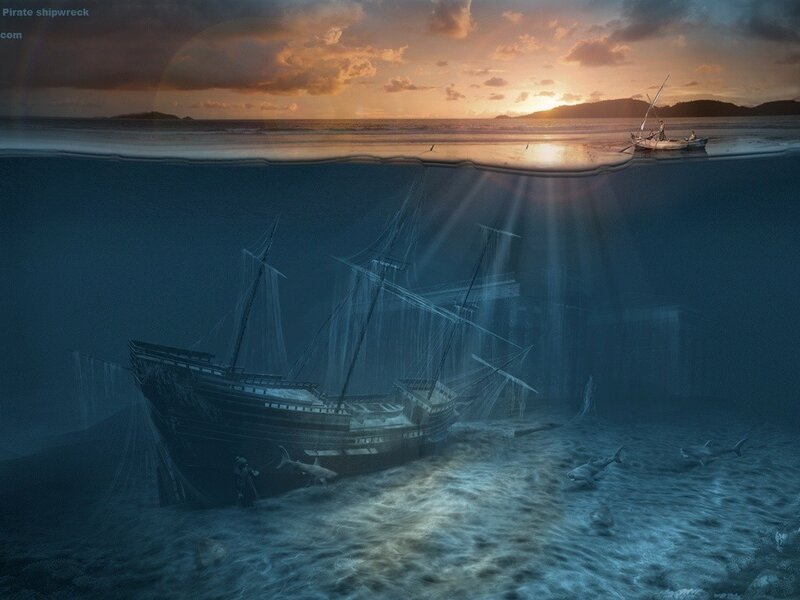 Pirate shipwreck at sunset