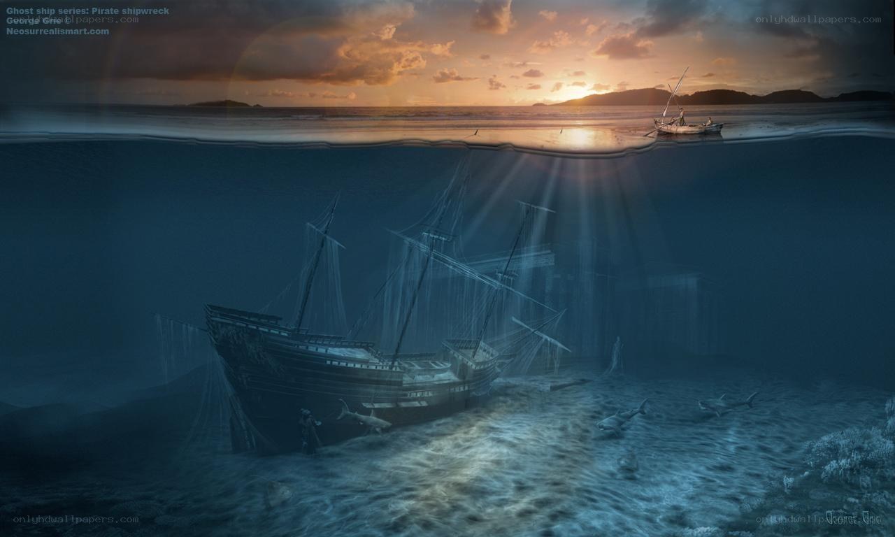 Pirate shipwreck at sunset