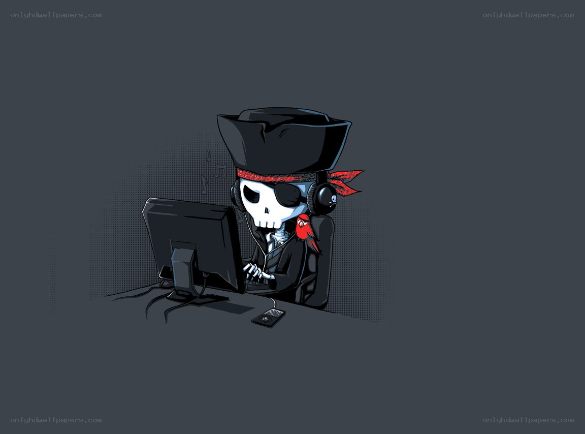 pirate skeleton at computer
