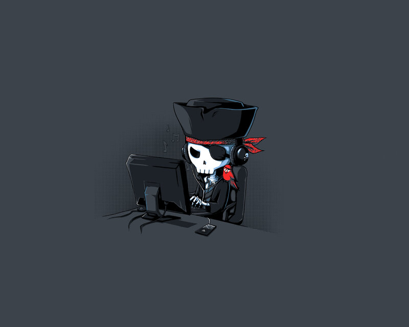 pirate skeleton at computer