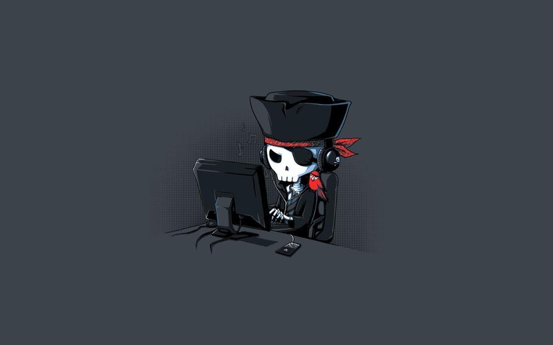 pirate skeleton at computer
