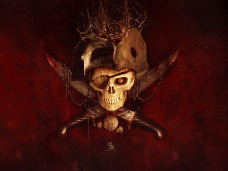Pirate skull with ship and swords