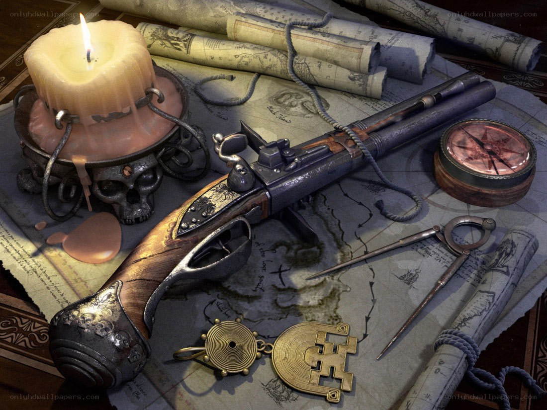 Pirate treasure map and artifacts