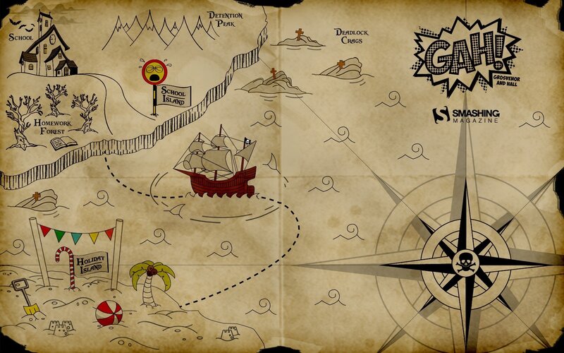 Pirate Treasure Map — Brown, Adventurous, Illustration, Ship