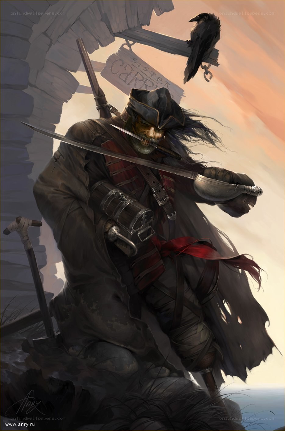 pirate with sword and crow