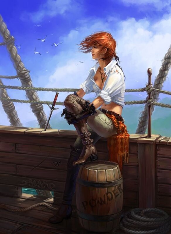 Pirate woman on ship deck