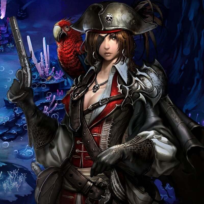 Pirate Woman with Parrot — Blue, Dramatic