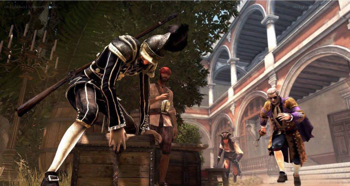pirates in a colonial courtyard