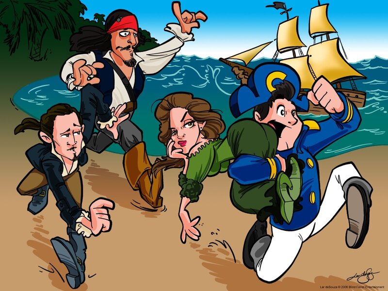 Pirates running on a beach