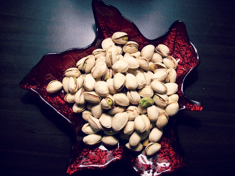 Pistachios in a red bowl