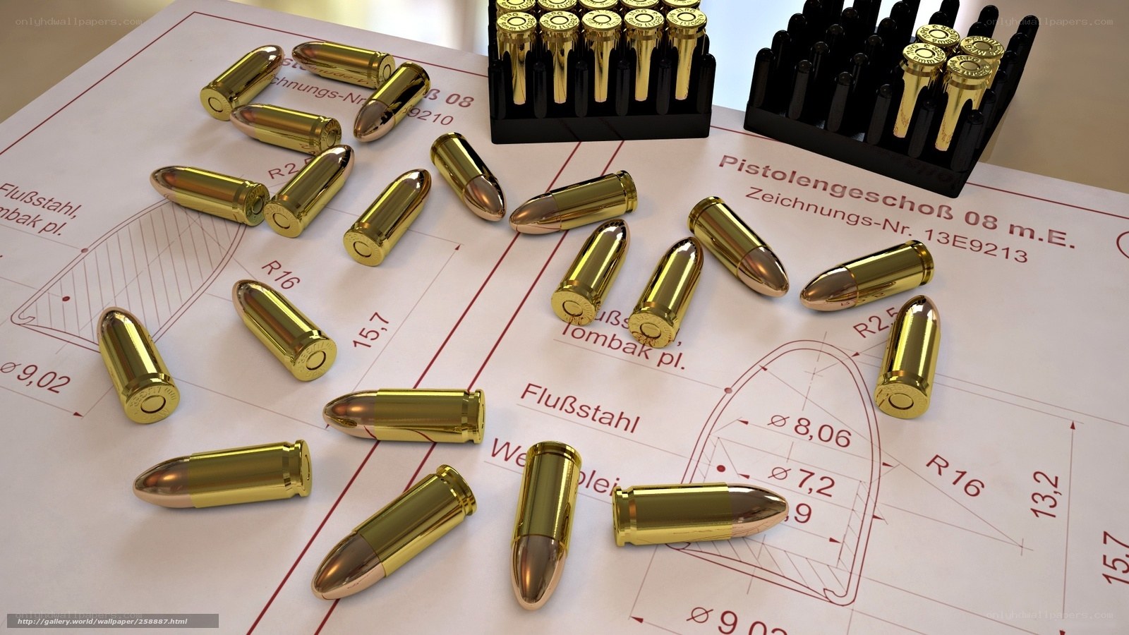 Pistol ammunition on blueprint