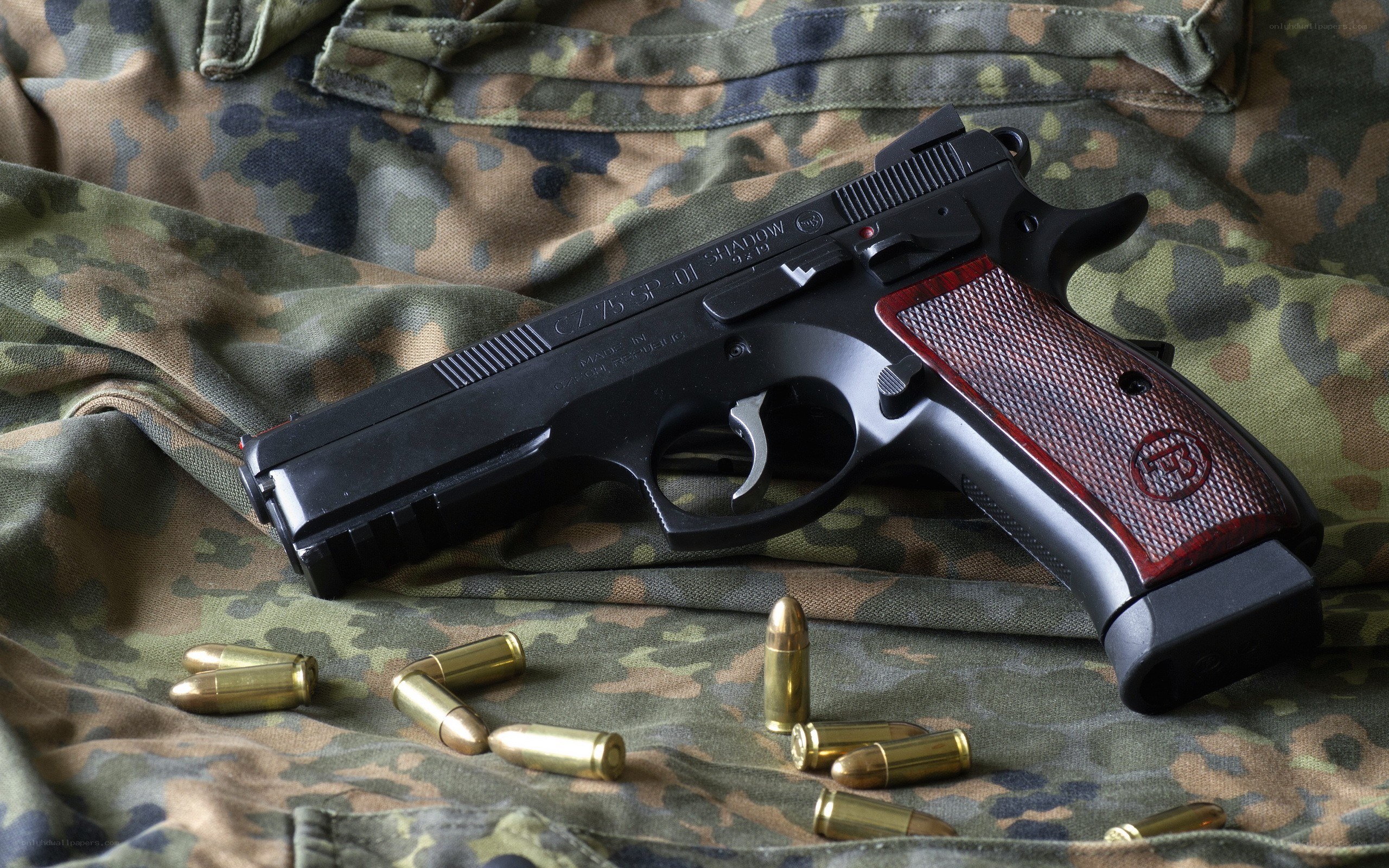 pistol with ammunition on camouflage