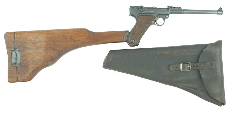 Pistol with wooden stock and leather case