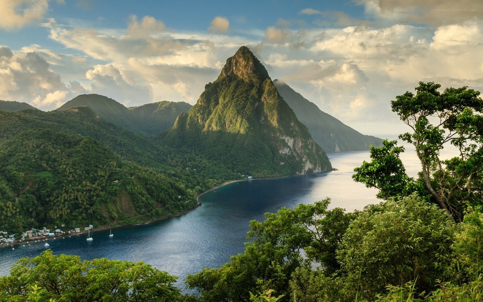 Pitons and bay in Saint Lucia