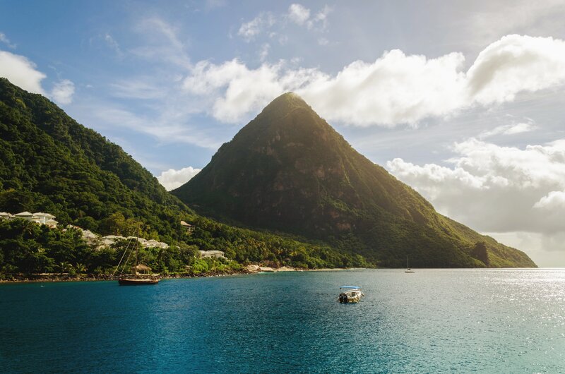 Pitons in Saint Lucia — Blue, Serene, Afternoon, Photograph, Mountains, Sea