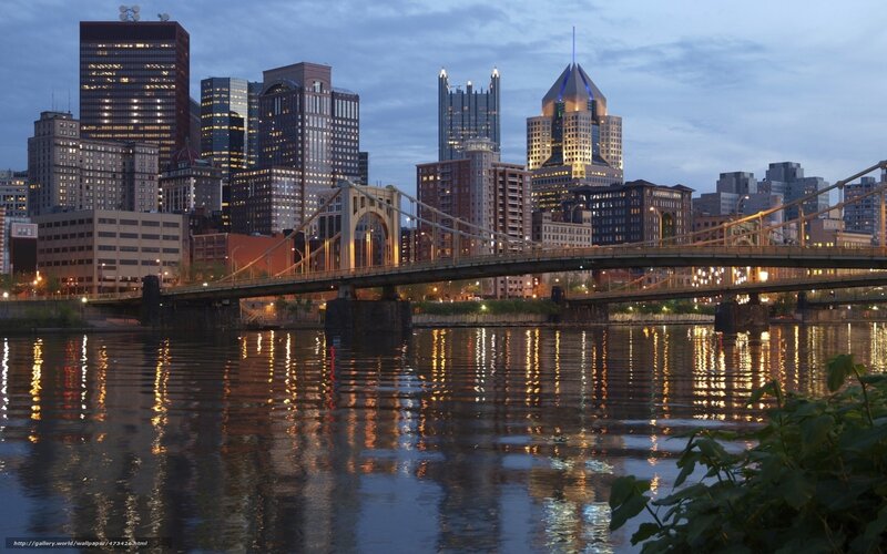 Pittsburgh Skyline at Dusk — Blue, Calm, Night, Photograph, Bridge, River