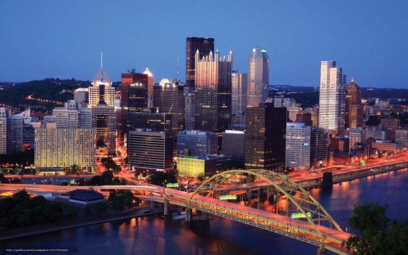 Pittsburgh Skyline at Dusk — Blue, Calm, Night, Photograph, River, Bridge, Skyscrapers