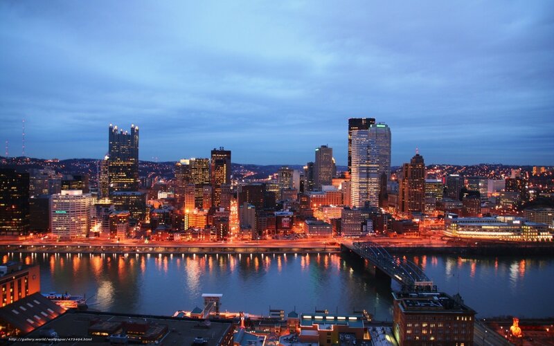 Pittsburgh Skyline at Dusk — Blue, Calm, Night, Photograph, River, Bridge