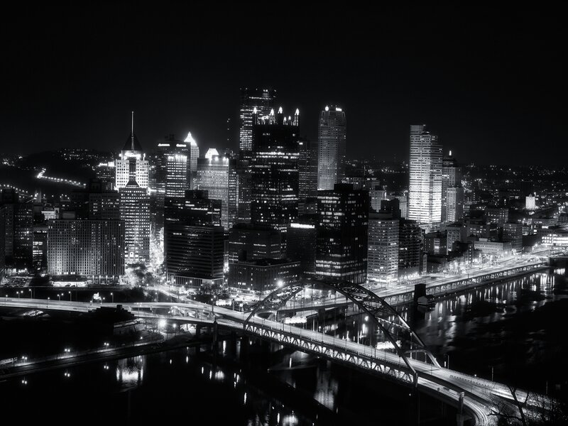 Pittsburgh Skyline at Night — Black, Dramatic, Photograph, Skyscraper