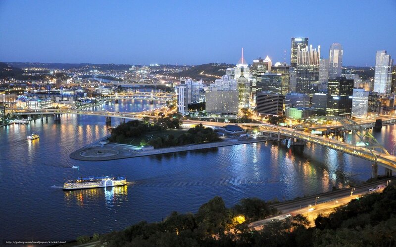 Pittsburgh Skyline at Night — Blue, Calm, Photograph, River