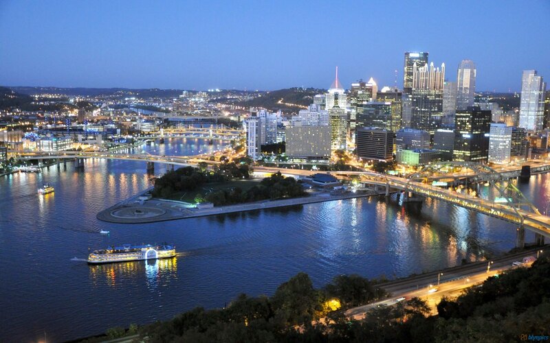 Pittsburgh Skyline at Night — Blue, Calm, Photograph