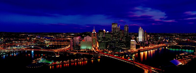 Pittsburgh Skyline at Night — Blue, Dramatic, Photograph, River, Bridges