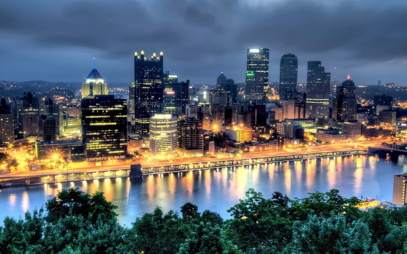 Pittsburgh Skyline at Night — Blue, Dramatic, Photograph, River