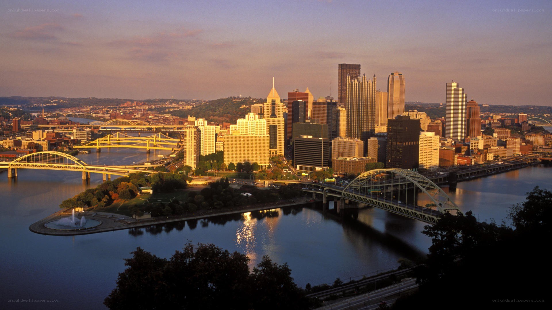 Pittsburgh skyline at sunset