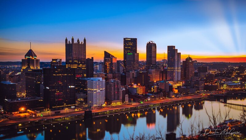 Pittsburgh Skyline — Blue, Dramatic, Sunset, Photograph