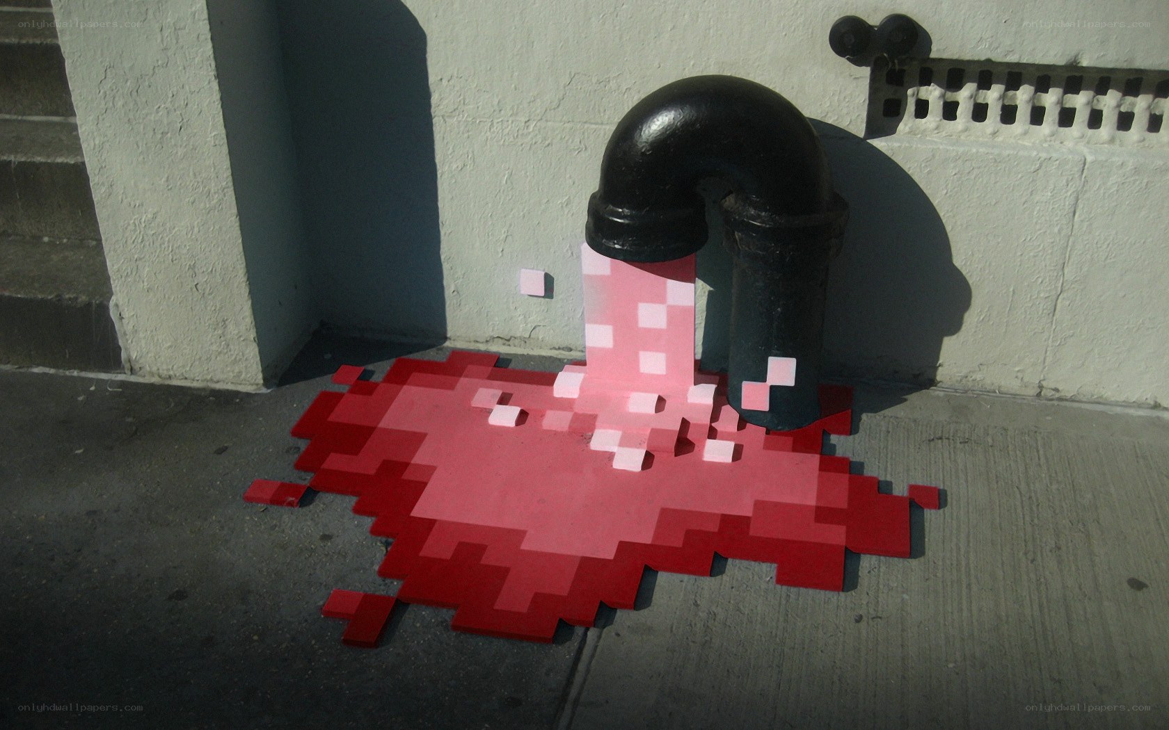 Pixel art blood spill on sidewalk