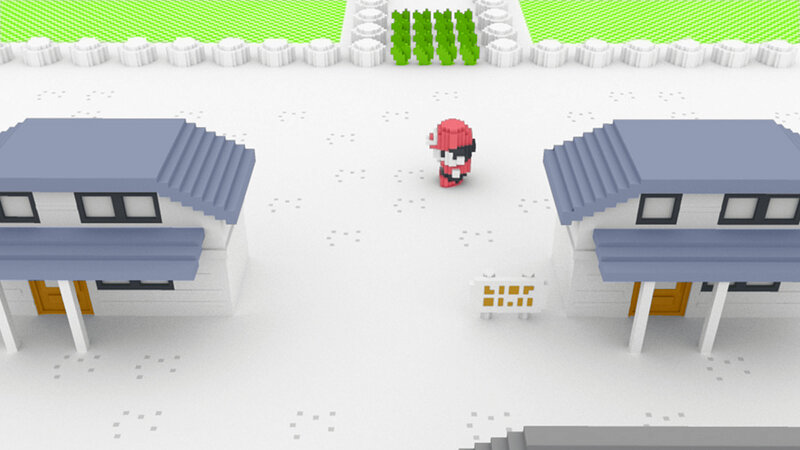 Pixel art character in a village