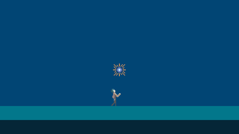 pixel art character with glowing orb