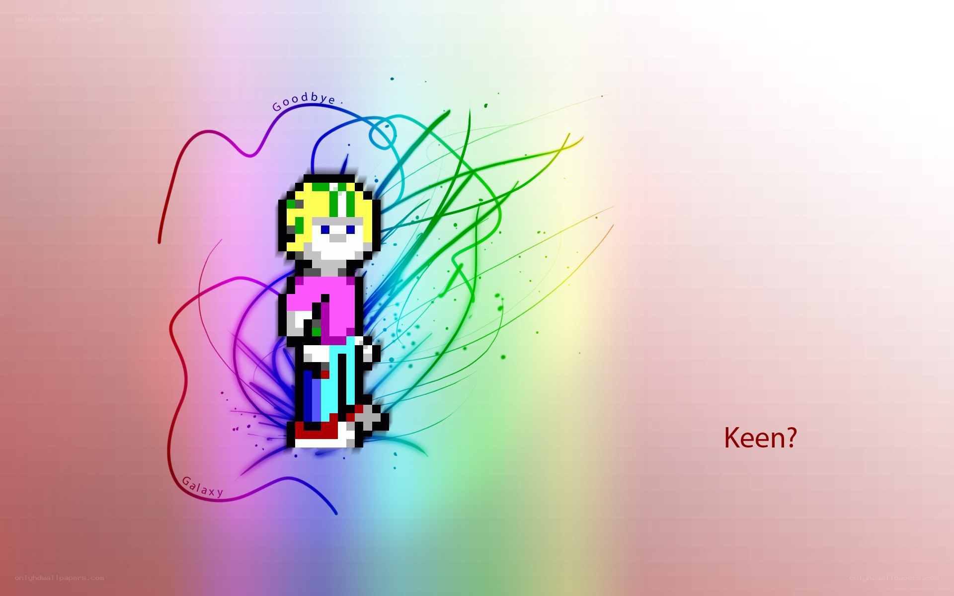 Pixel art character with rainbow background