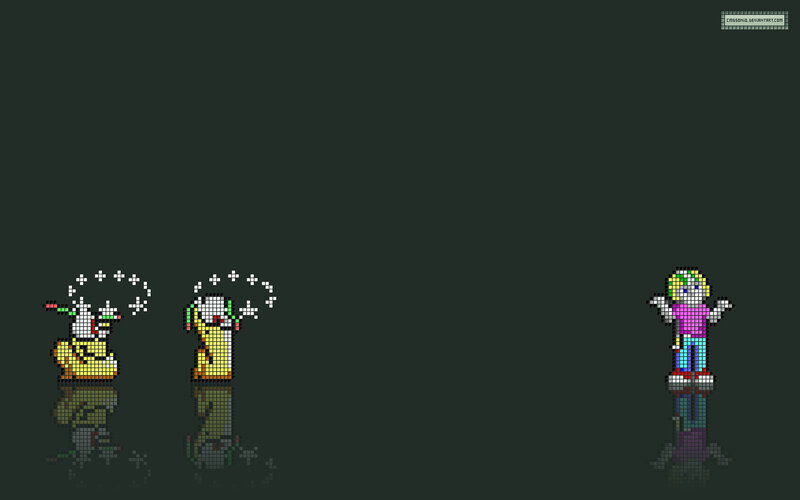 Pixel art characters in a dark room