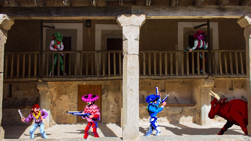 Pixel art characters in a town square