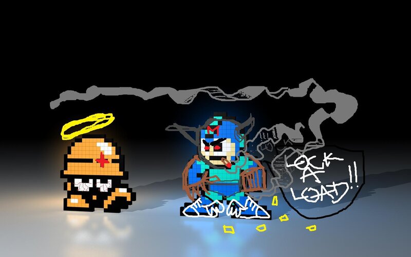 Pixel art characters in conflict