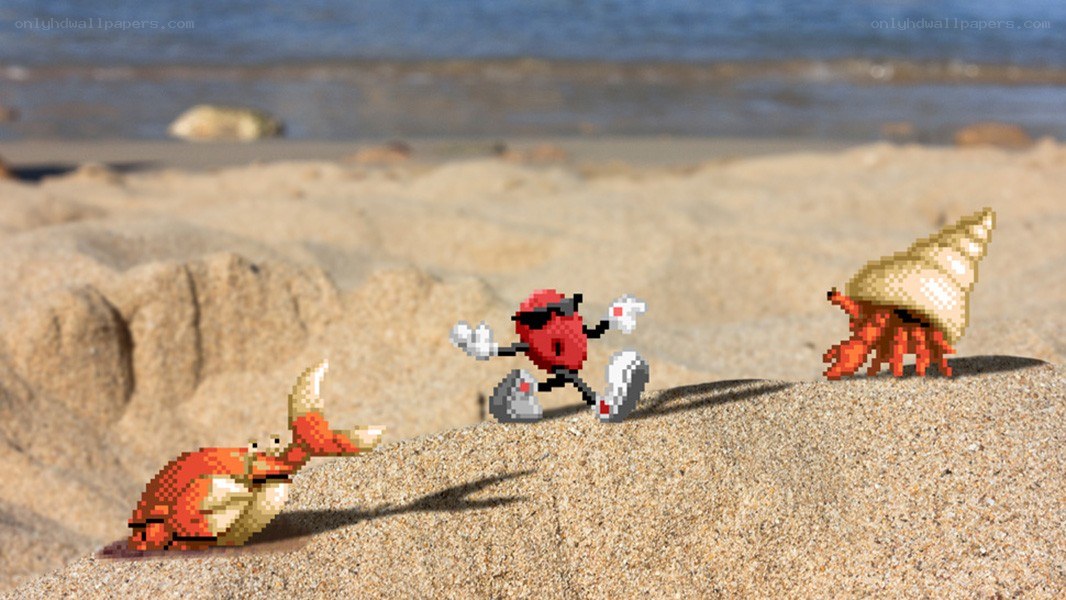 Pixel art characters on a beach