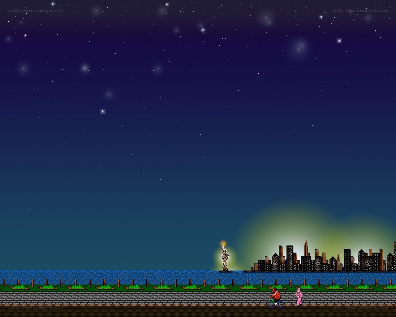 Pixel art city at night